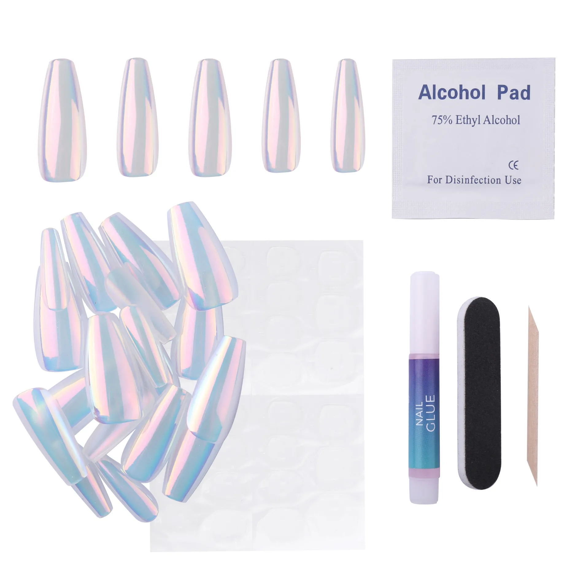 Iridescent Clear Press On Nails - Medium Coffin